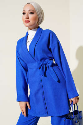 Ceketi Bel Kuşaklı İkili Takım Saks - Thumbnail