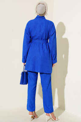 Ceketi Bel Kuşaklı İkili Takım Saks - Thumbnail