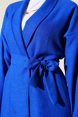 Ceketi Bel Kuşaklı İkili Takım Saks - Thumbnail