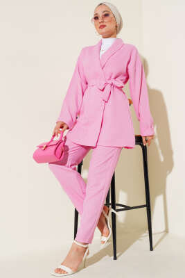 Ceket BEL Kuşaklı İkili Takım Pembe - Thumbnail