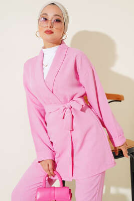 Ceket BEL Kuşaklı İkili Takım Pembe - Thumbnail