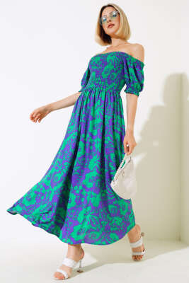 Pazarium - Karışık Desenli Viskon Dokuma Elbise Yeşil Menekşe