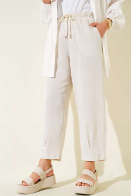 Bel Lastikli Paça Dikişli Pantolon Bej - Thumbnail