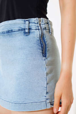 Yan Fermuarlı Kot Şort Etek Kot Mavisi - Thumbnail