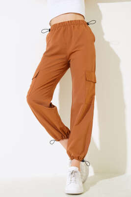 Pazarium - Bel Ve Paça Lastikli Kargo Cep Paraşüt Pantolon Camel