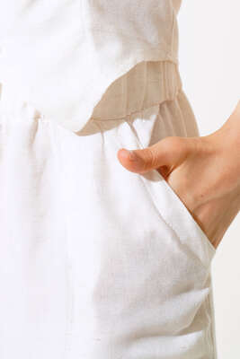 Bel Lastikli Keten Şort Ekru - Thumbnail