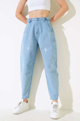 Boyfriend Tokalı Kot Pantolon Mavi - Thumbnail