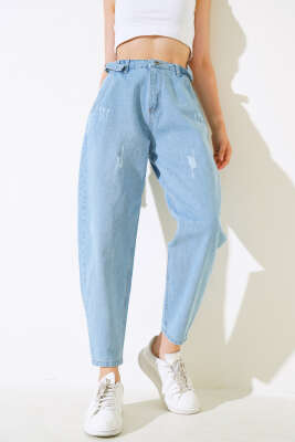 Boyfriend Tokalı Kot Pantolon Mavi - Thumbnail