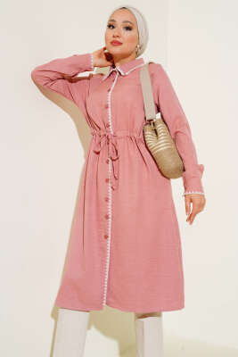 Dikiş Detaylı Bel İpli Tunik Pudra - Thumbnail