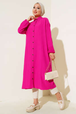 Pazarium - Boydan Düğmeli Uzun Tunik Fusya