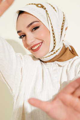 Pazarium - Zincir Desen Mio Cazz Eşarp Ekru