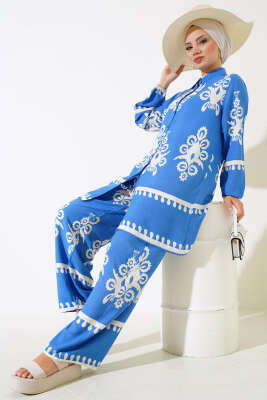 Pazarium - Kolu Lastikli Desenli İkili Takım Mavi