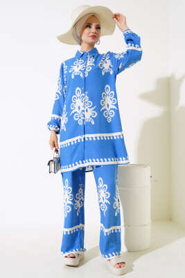 Kolu Lastikli Desenli İkili Takım Mavi - Thumbnail