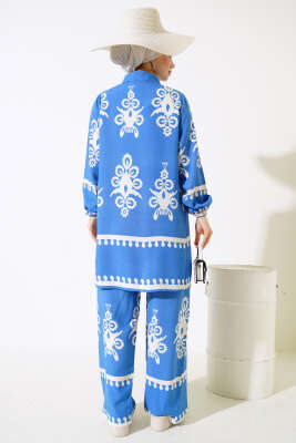 Kolu Lastikli Desenli İkili Takım Mavi - Thumbnail