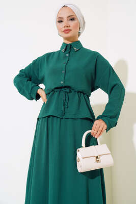 Yakası Boncuklu Ayrobin Etekli İkili Takım Zümrüt - Thumbnail