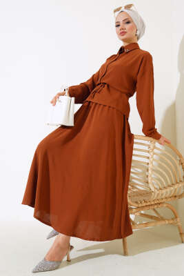 Yakası Boncuklu Ayrobin Etekli İkili Takım Taba - Thumbnail