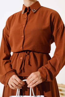 Yakası Boncuklu Ayrobin Etekli İkili Takım Taba - Thumbnail