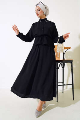 Yakası Boncuklu Ayrobin Etekli İkili Takım Siyah - Thumbnail