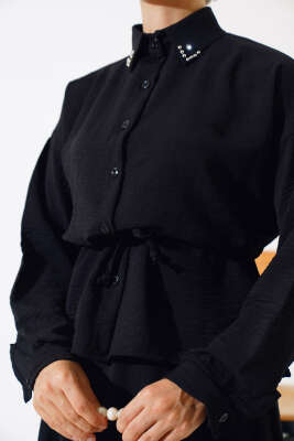 Yakası Boncuklu Ayrobin Etekli İkili Takım Siyah - Thumbnail