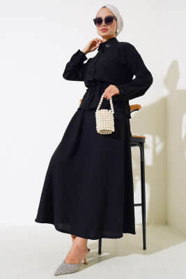 Yakası Boncuklu Ayrobin Etekli İkili Takım Siyah - Thumbnail