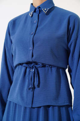 Yakası Boncuklu Ayrobin Etekli İkili Takım İndigo - Thumbnail