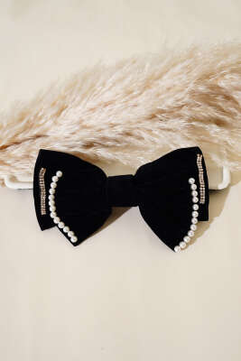 İncili Kadife Fiyonk Toka Siyah - Thumbnail