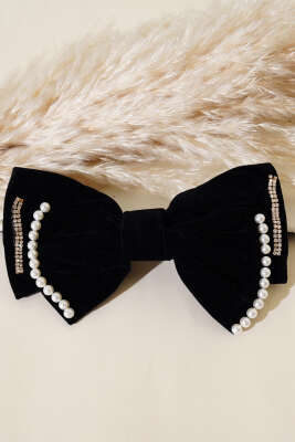 İncili Kadife Fiyonk Toka Siyah - Thumbnail