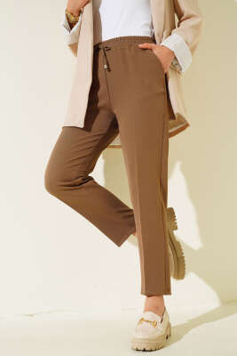 İp Detaylı Beli Lastikli Dar Paça Vizon Pantolon - Thumbnail