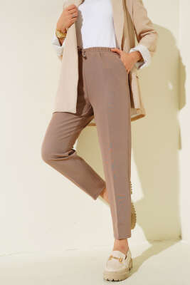 İp Detaylı Beli Lastikli Dar Paça Bronz Pantolon - Thumbnail
