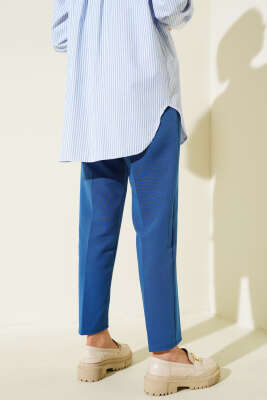 İp Detaylı Beli Lastikli Dar Paça Pers Mavi Pantolon - Thumbnail