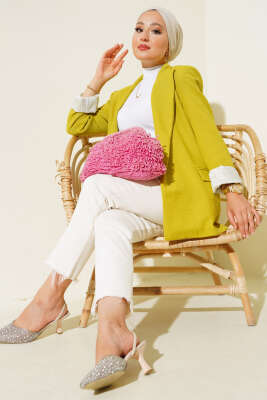 Çizgi Astarlı Blazer Ceket Yağ Yeşili - Thumbnail