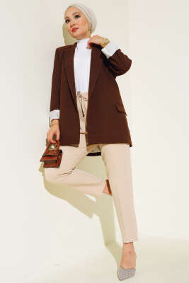 Çizgi Astarlı Blazer Ceket Acı Kahve - Thumbnail