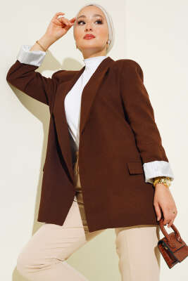 Çizgi Astarlı Blazer Ceket Acı Kahve - Thumbnail