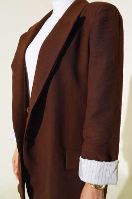 Çizgi Astarlı Blazer Ceket Acı Kahve - Thumbnail