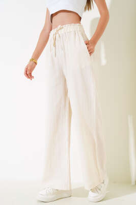 Beli Fırfırlı Keten Pantolon Bej - Thumbnail