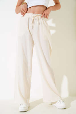 Beli Fırfırlı Keten Pantolon Bej - Thumbnail