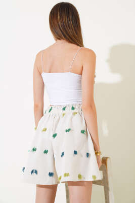 Püskül Detaylı Keten Şort Yeşil - Thumbnail