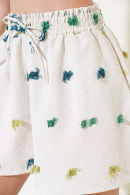 Püskül Detaylı Keten Şort Yeşil - Thumbnail