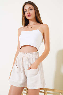 Cepli Keten Şort Bej - Thumbnail