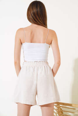 Cepli Keten Şort Bej - Thumbnail