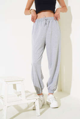 İki İp Paça Lastikli Jogger Pantolon Gri - Thumbnail