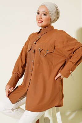 Pazarium - Cep ve Manşet Zincirli Gömlek Taba