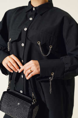 Cep ve Manşet Zincirli Gömlek Siyah - Thumbnail