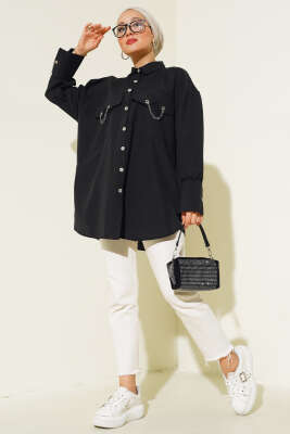Cep ve Manşet Zincirli Gömlek Siyah - Thumbnail
