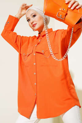 Cep ve Manşet Zincirli Gömlek Oranj - Thumbnail