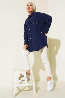 Cep ve Manşet Zincirli Gömlek Lacivert - Thumbnail