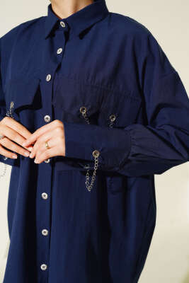 Cep ve Manşet Zincirli Gömlek Lacivert - Thumbnail