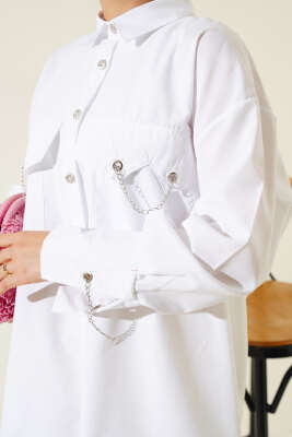 Cep ve Manşet Zincirli Gömlek Beyaz - Thumbnail