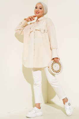 Cep ve Manşet Zincirli Gömlek Bej - Thumbnail