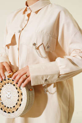 Cep ve Manşet Zincirli Gömlek Bej - Thumbnail